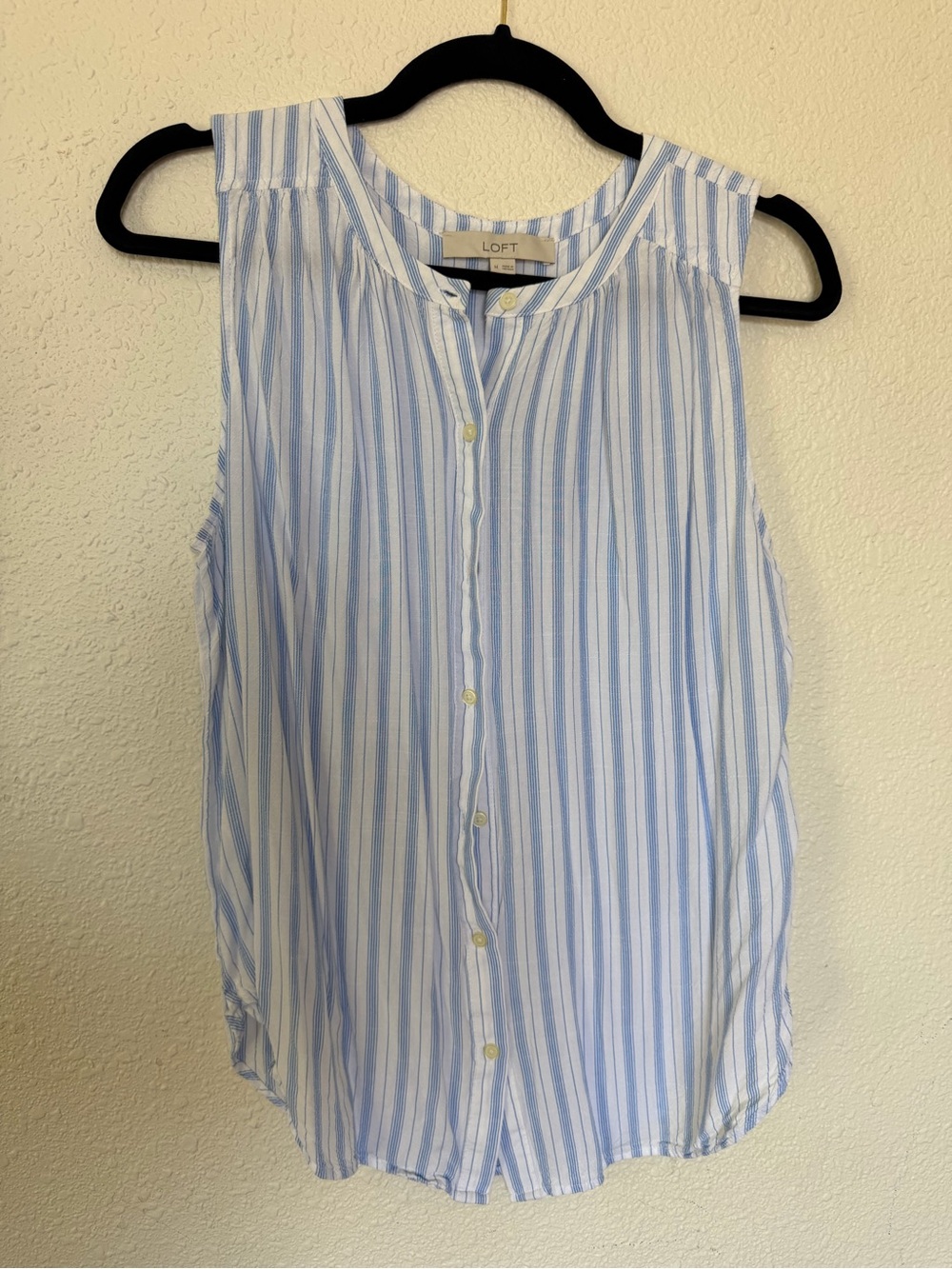 LOFT Light Blue and White Striped Sleeveless Button-Up Top